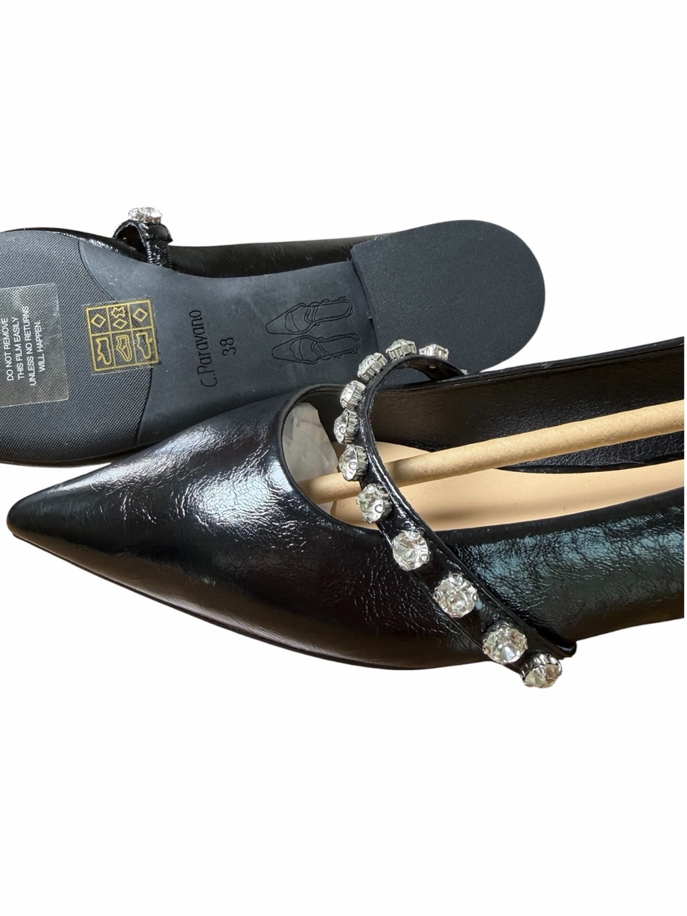 C. Paravano Black Crystal Mary Jane Flats Pointed Toe Lambskin EU 38 US 7.5 - Picture 5 of 12